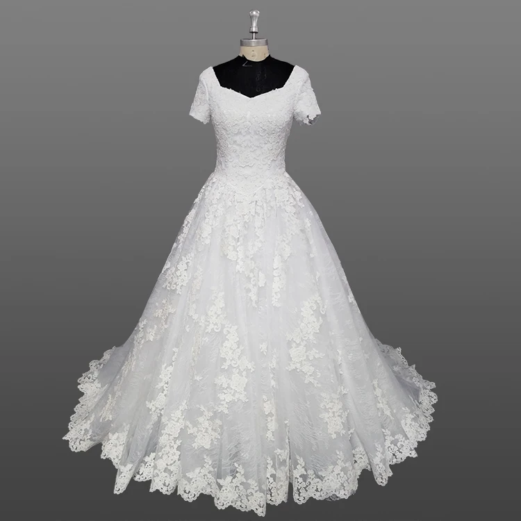 Latest Designs Wedding Gown Short Sleeve Muslim White Lace Wedding