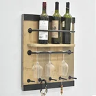 Wholesale Rustic Farmhouse Vintage Industaial wall Mounted Metal Wood Wine Bottle Rack 4 Long Stem Glass Holder