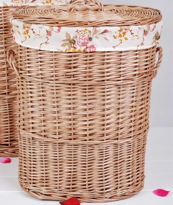 handmade willow laundry basket with colorful liner and cover