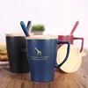 Custom European-style Ceramic Coffee Cup Retro animal Ceramic Mug Wooden Lid Spoon Tea Cup
