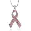 Breast Cancer Awareness Pink Crystal Ribbon Necklace With Snake Chain For Women