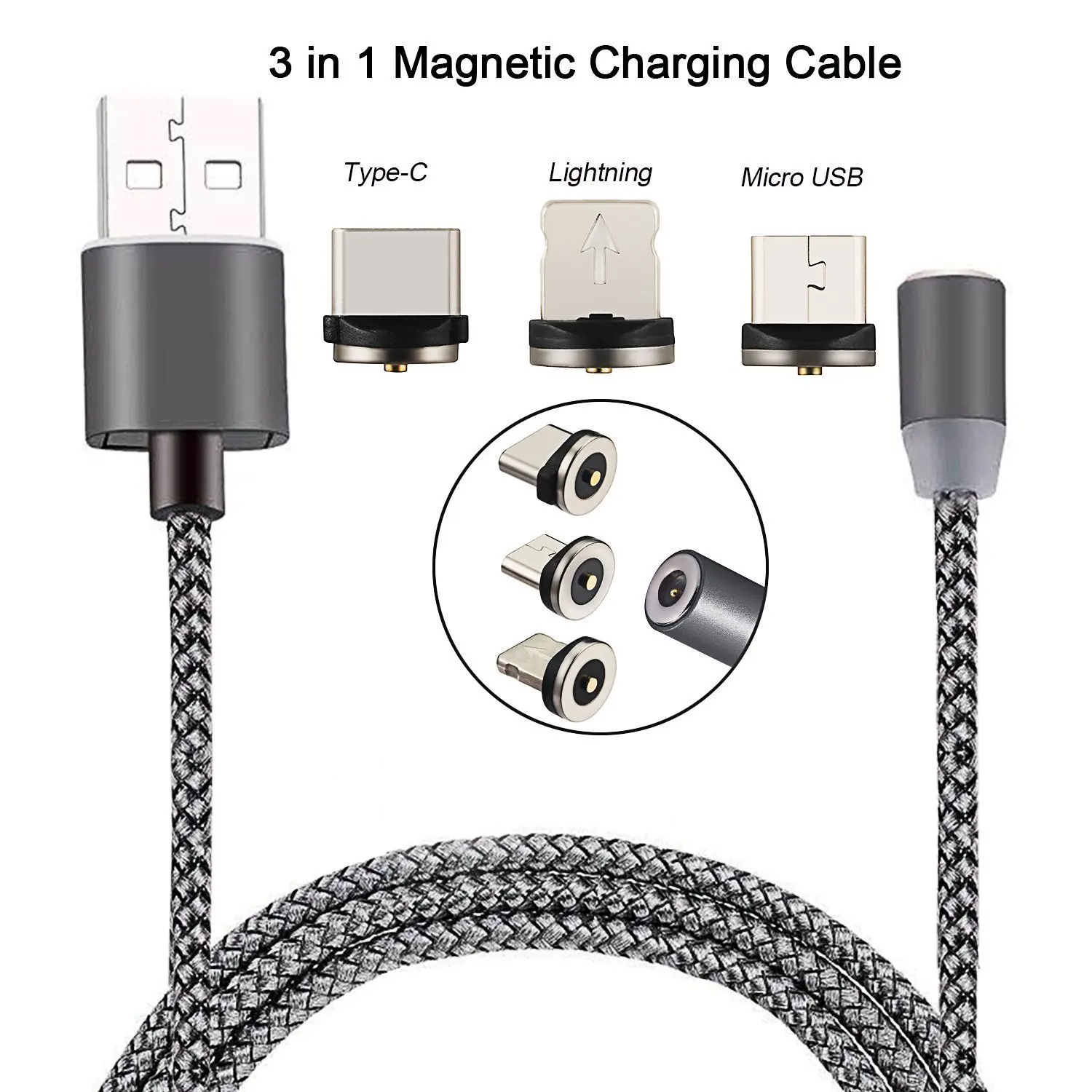 Wholesale 3IN1 Braided Usb Cable Magnetic Charging Cable for iphone 7 8 Plus X