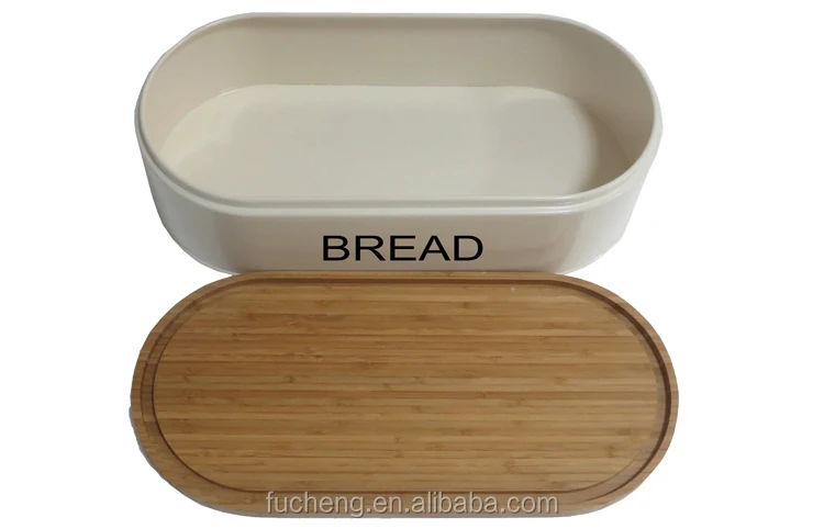 oval white color coated steel bread storage box with bamboo lid