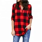 Women Casual Buffalo Plaid Blouse Cotton Sexy Deep V Neck Pullover