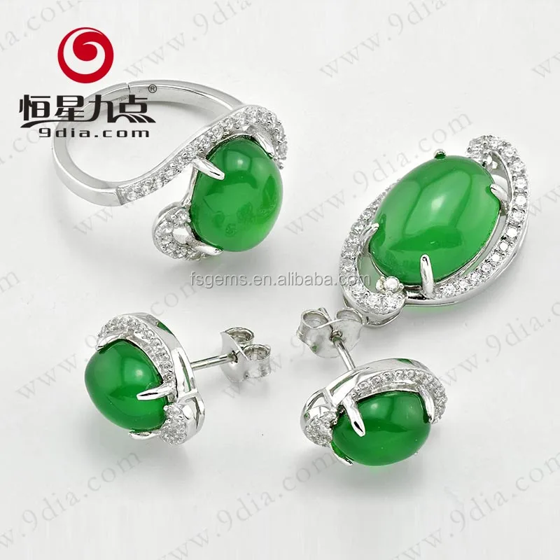 Silver Jewelry Factory Wholesale 925 Sterling Silver Green Agate Fashion Jewelry Set