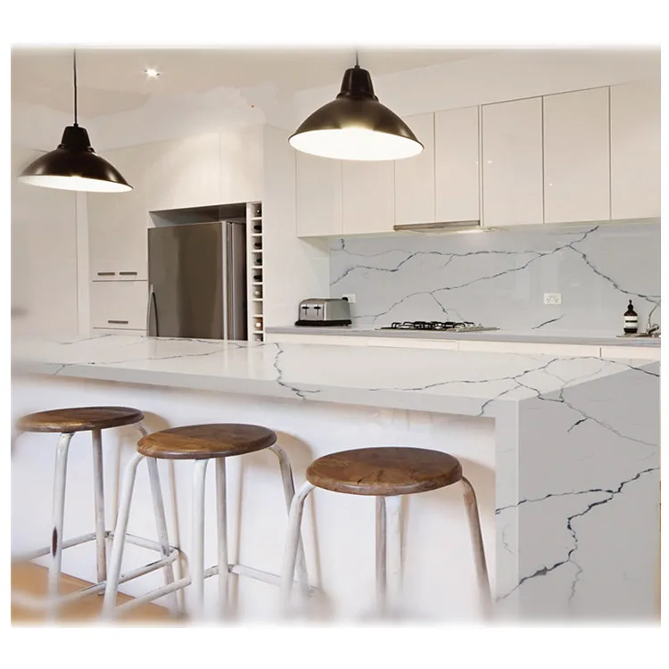 Calacatta White Quartz Granite Epoxy Resin Peninsula Kitchen