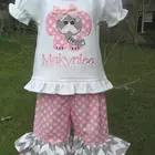 Wholesale baby girls applique outfits kids boutique puff sleeve t shirt and polka dots chevron ruffle pants clothing set
