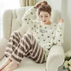 Fashion Good Quality Winter Warm Flannel Sleepwear Ladies Long Sleeves Nightclothes Coral Fleece Girls Casual Home Pajamas