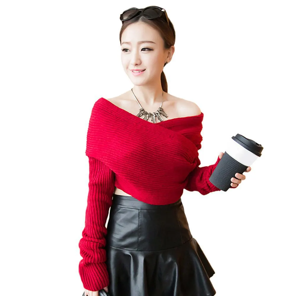 2015 New Fashion Women Pullover Jumper Boat Neck Long Sleeve Knitted Sweater Jumper Crop Top Red Color Sweater For Women 1111475