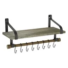 Rustic Grey Wood Shelf Rack Organizer with Towel Bar and 8 Removable Hooks