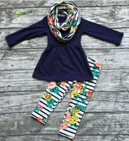 2016 FALL/Winter scarf set children cotton suit baby floral striped girls 3pieces ruffles print pants boutique clothes kids
