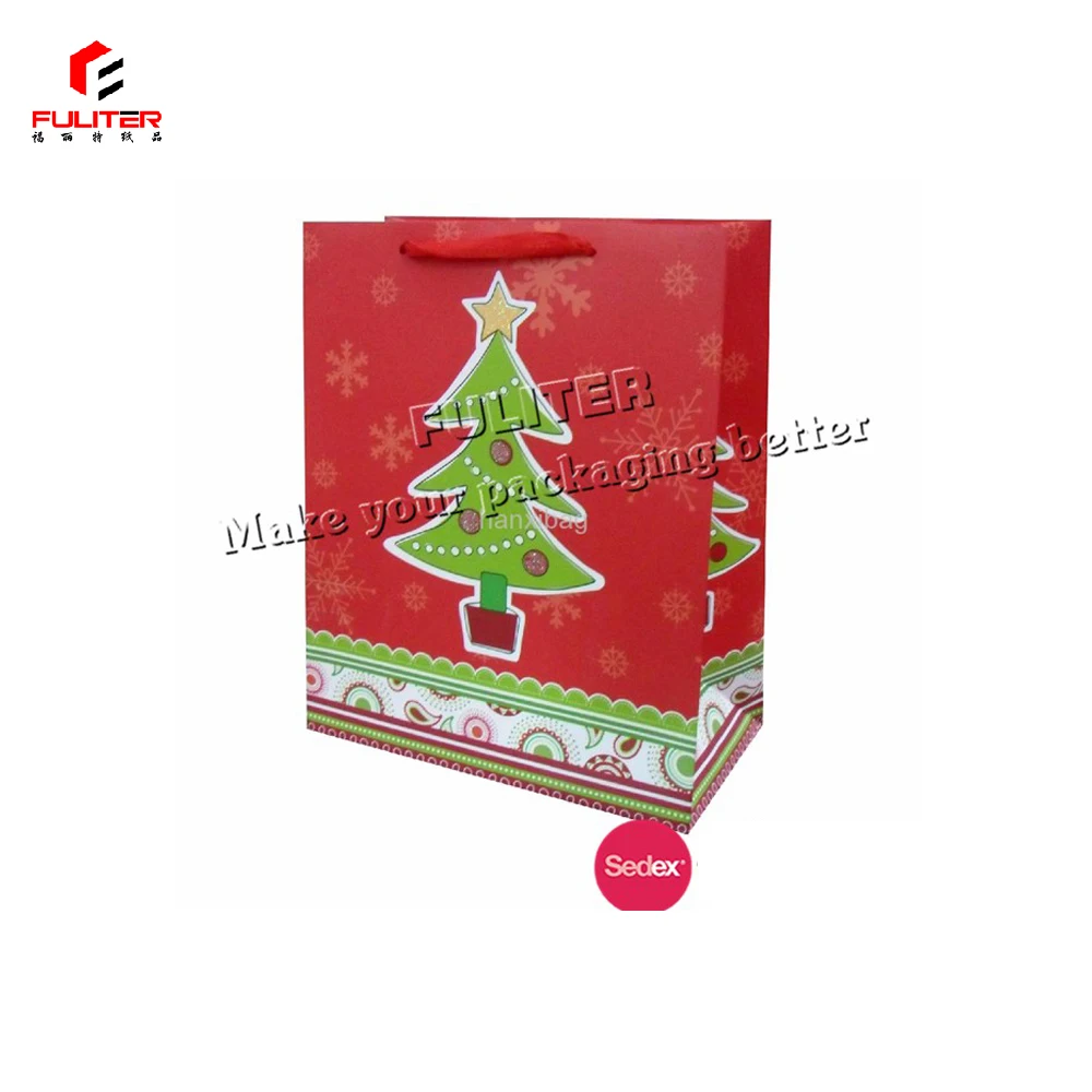 cheap christmas paper gift bag with ribbon handle