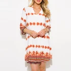Newest Women Dresses Wholesale Red White Multicolor Abstract Ethnic Print Indian Collar Tunic Boho Mini Dress