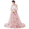 2017 Latest Design Gorgeous Flower Printed Pink Chiffon Puffy Long Tail Ball Gown Alibaba Wedding Dress