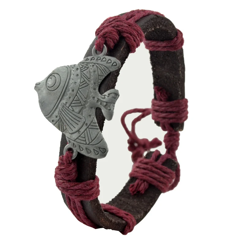 Summer Jewelry Retro Style Adjustable Brown Leather Bracelets Metal fish Charm Bracelets & Bangles
