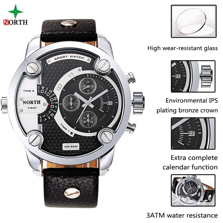 North Luxury Men Watches Waterproof Genuine Leather Fashion Casual