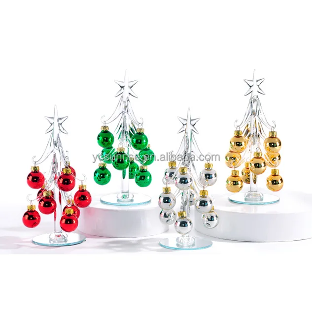 glass christmas tree decoration with colorful balls hanging