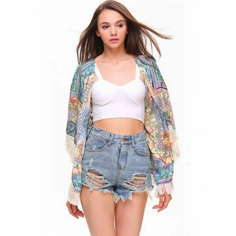 Brand New 2015 Autumn Vintage Women Half Sleeve Fringe Floral Loose Tassel Kimono Cardigan Blouses Tops Blusa Feminina AULYP