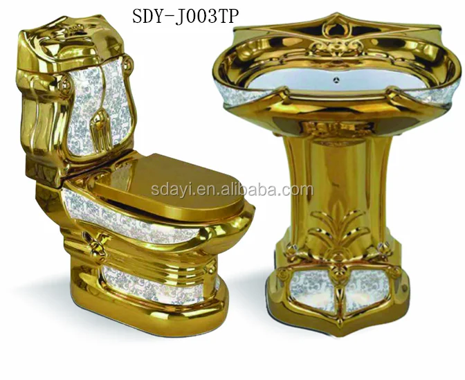 De color oro inodoro lavabo cuarto de baño conjuntos-Baños