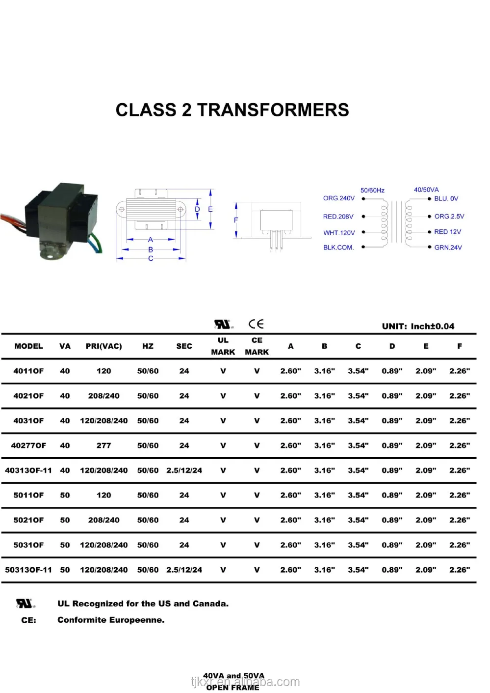 UL/CUL approved class 2 transformer, type 2 transformer, UL listed transformer with power range from 5VA to 100VA