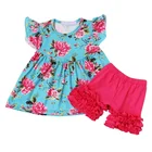 Newest Designs Flutter Sleeve Floral Printing Baby Girls Summer Ruffle Clothes Kids Outfits Clothing set