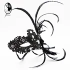 Black Venetian Masquerade Mask Embroidery Diamond Halloween Costumes Ball Prom Mask w/Ostrich Feather Symmetrical