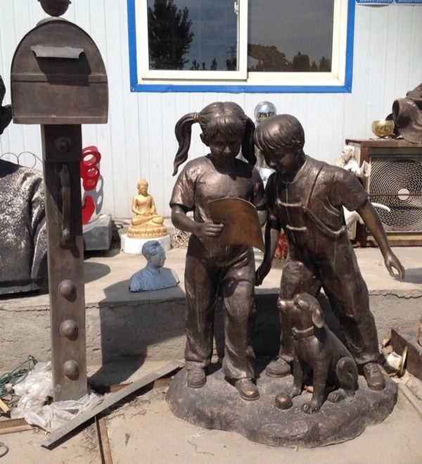 Life Size Boy and Girl with Dog Sculpture Mailbox Bronze Statue