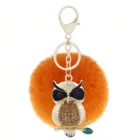 Ready Shipment Orange Color Real Rex Rabbit Fur Ball Keychain with Metal Crystal Owl Decor For Girls Tote Bags