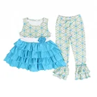 wholesales kids girls baby clothing tiered handmade cloth fabric flower sleeveless top ruffle pants 2pc set