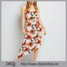 New Beautiful Sunshine Women Dress Wholesale Cross Strap Back V Neckline Tie Waist Pink Tropical Print Asymmetric Hem Dress