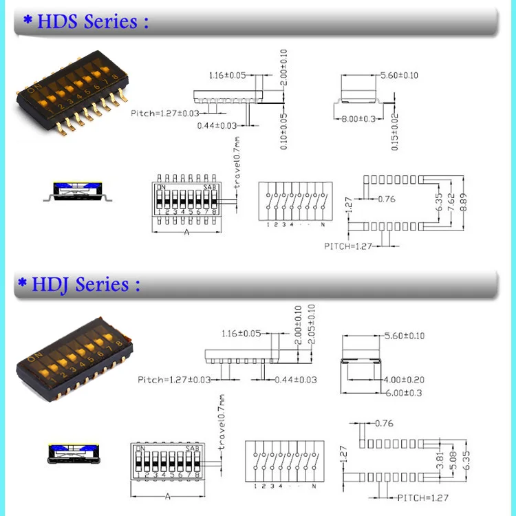  Switch DIP Off ON SPST Recessed 0.025A 24VDC Gull Wing 1.27mm SMD 8 Pos Switch