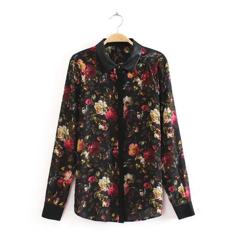 2014 Time-limited Hot Sale Freeshipping Cotton Chiffon Regular Full Blouse Hz-35631 Hitz Europe Winter Rose Sleeved Shirt 9043