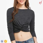 Hot New Sexy Round Neck Long Sleeve Solid Color Crop Top