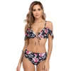 Lady Off Shoulder Removable Padding Adjustable Stripes High Waist Tie Up Sexy Gril Flora Print Black Swimwear Women