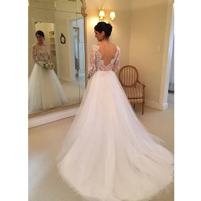 Long Sleeve V Back Lace Bodice Plain Skirt Simple Bridal Wedding