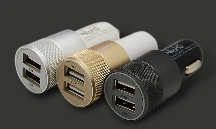 2015 hot sell aluminum screw pattern shape portable dual usb car charger for mobile phone