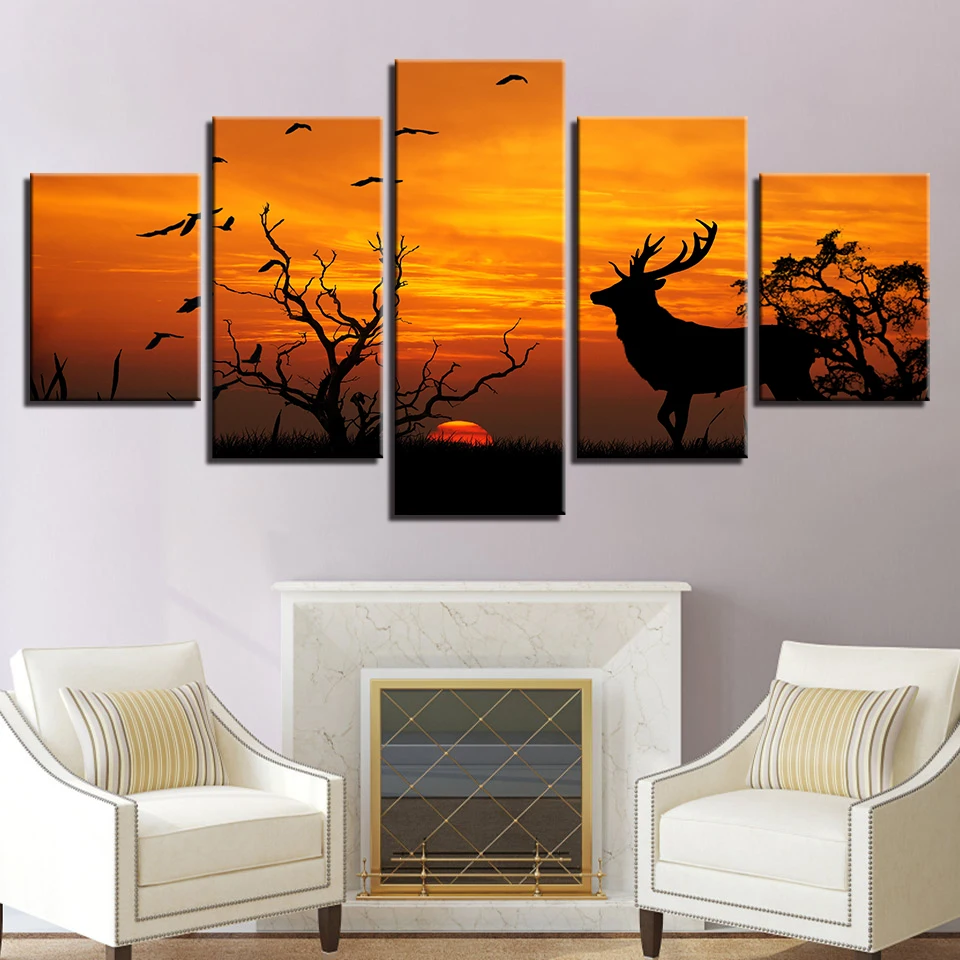 Wall-Art-Canvas-Painting-Wall-Pictures-For-Room-Home-Decorative-5-Panel-Forest-Animal-Deer-Sunset