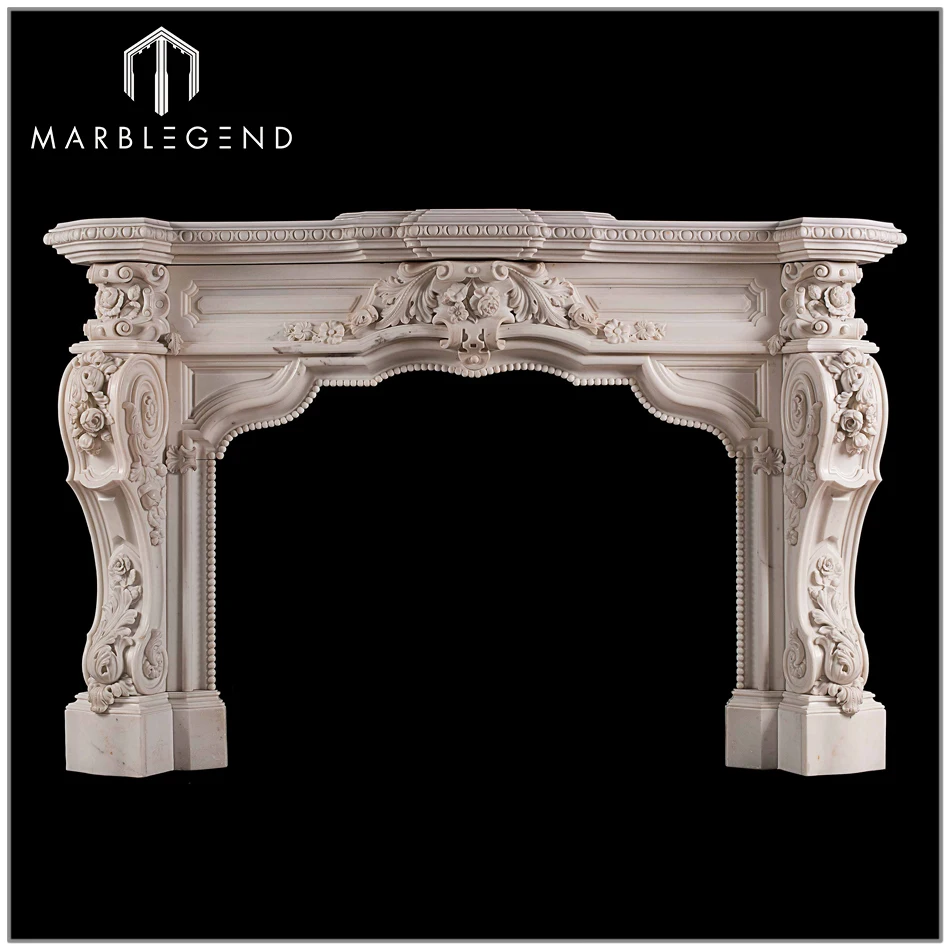 Luxury French Style White Marble Fireplace Mantels With Hearth