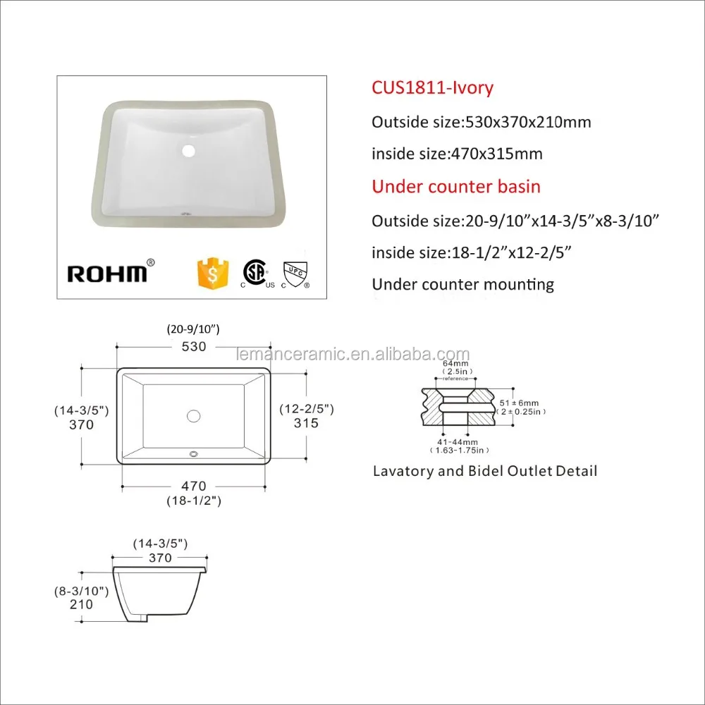 CUS1811-Ivory 21 inches bone color rectangular under mounted sink with certificate factory