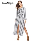 Maxnegio 2018 Long Sleeve Sexy Open Breast Maxi Shirt Stripe Dress Beach Chiffon Custom Women Dress