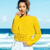 2019 Wholesale Pullover Women Loose Crew Solid Yellow short tie sweater