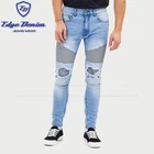 Light Blue Knee Hole Moto Bikers Jeans Style Men Denim Trousers With Patches