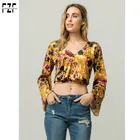 High Quality woman polyester spandex long bell sleeve floral velvet crop top blouse