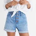 Hot selling mid blue high rise cut off roll hem women summer denim shorts