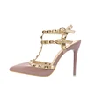HS19032617 ankle strap thin heel nightclub women high heels lacquer metal rivet slingbacks fashion sandals shoes high heel