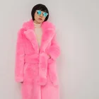 Wholesale Winter Hot Big Lapel Waist Women Pink Faux Fox Fur Long Coat