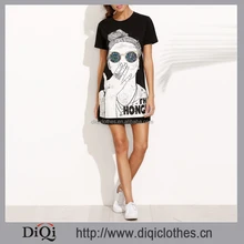 New arrival guangdong clothes supplier wholesale women stylish Black Print Split Side T-shirt Dress