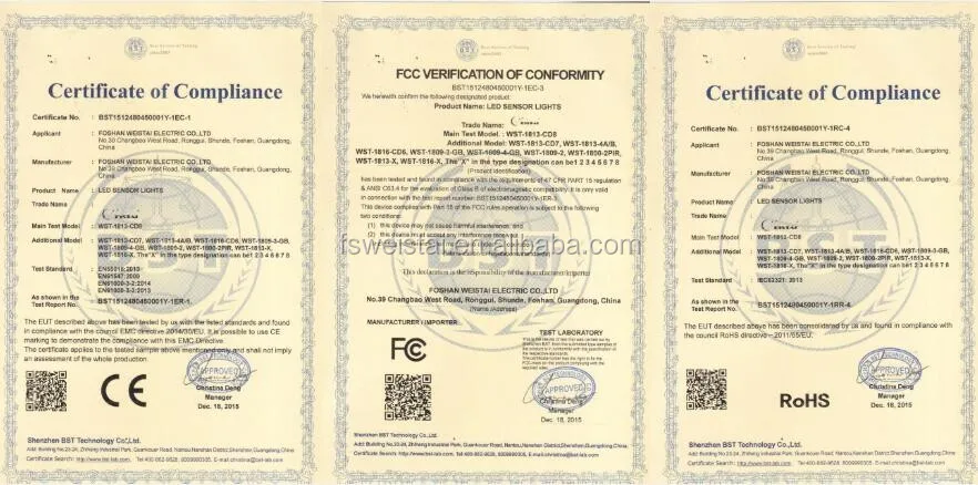 motion sense rechargeable led light certification: ce, rohs, fcc