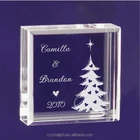 Clear square Christmas Crystal glass Cube Gifts With Painted Tree figurine Inside for gifts