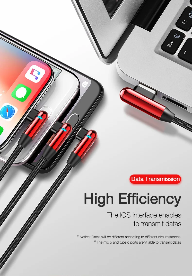 Cable Charger Fast Charging 90 Degree Shape With LED Light 3 in 1 Usb Cable For Iphone - ANKUX.COM